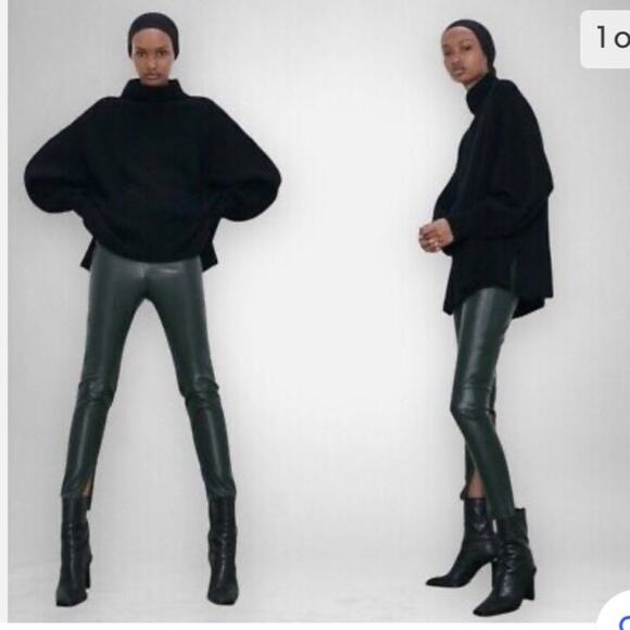 ZARA Green Faux Leather Leggings High Rise Ankle Zippers - Picture 1 of 12
